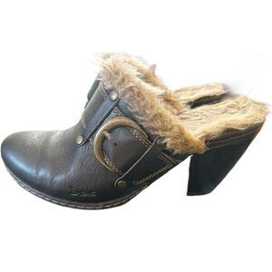 Born Womens Leather Fur-Lined Clog Heels Sz 6 Brown Buckle Slip-On Shoes